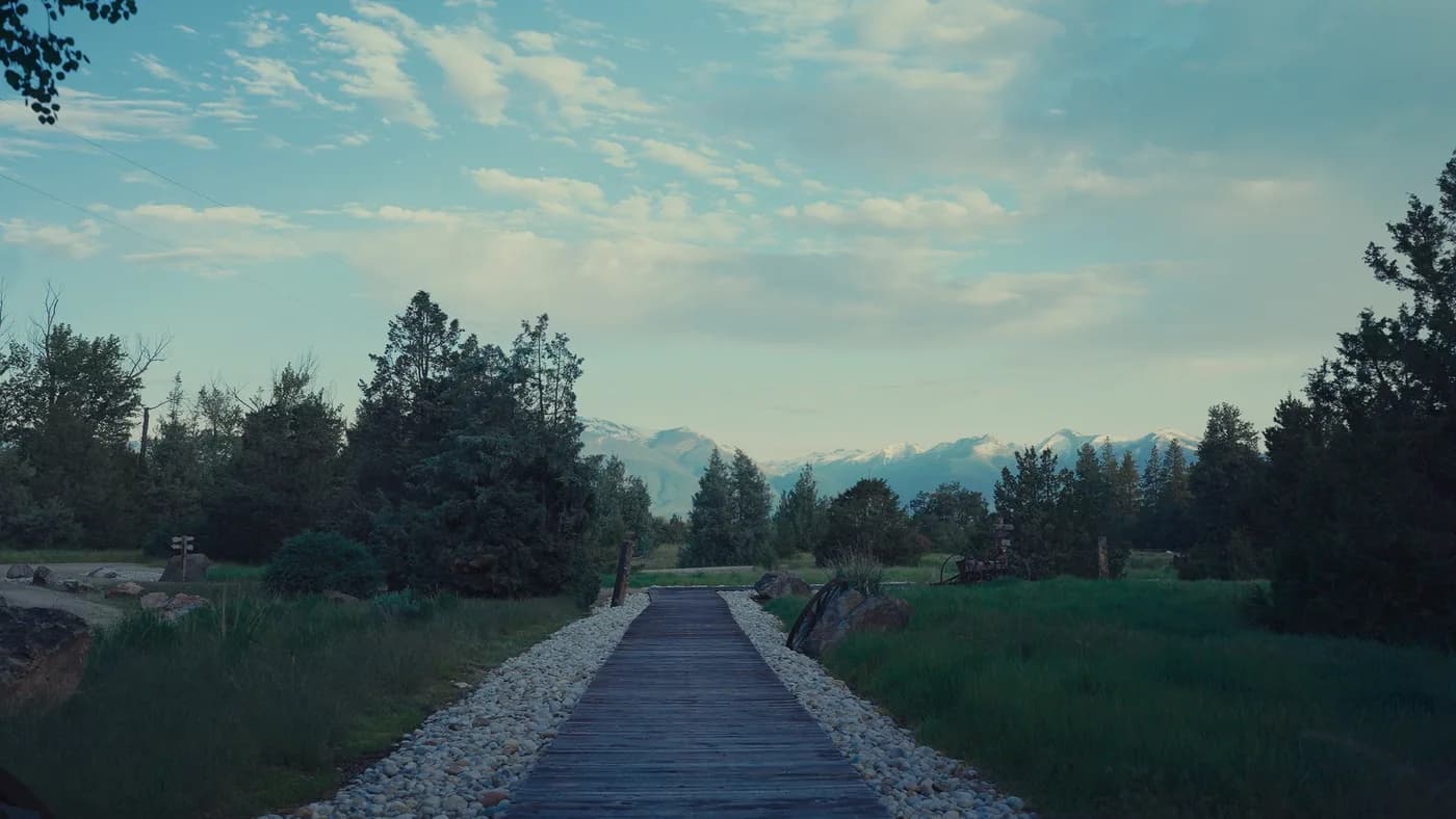 The road winding into the ranch, home of the 2026 Montana retreat